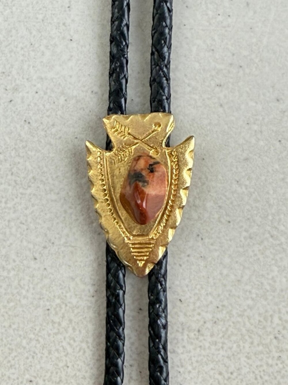 Vintage Arrowhead Bolo Tie 1970s Gold Tone Metal Brown Marbled Stone Indigenous